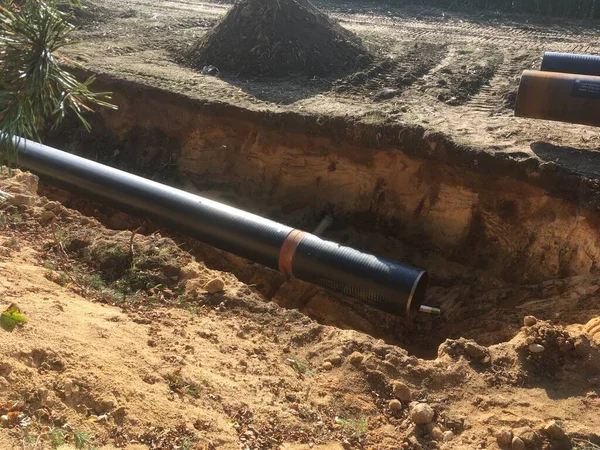 Installazione Nuovo Gasdotto Posa Percorso Trincea Terra — Foto Stock