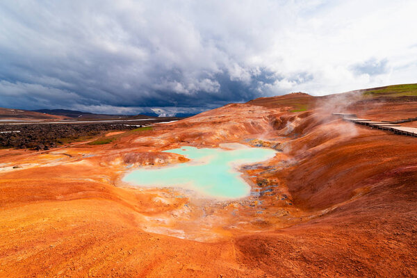 Awesome landscape on a sunny day. Sulfur springs at Leirhnjukur. Area Krafla volcano. Iceland