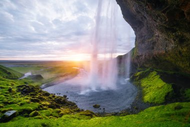 Seljalandsfoss şelale. Art arda sıralı ve bir nehir, yaz yatay. İzlanda'nın ünlü turistik