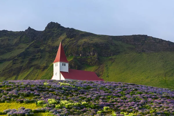 Iglesia Una Colina Ciudad Vik Famosa Popular Atracción Turística Islandia — Foto de Stock