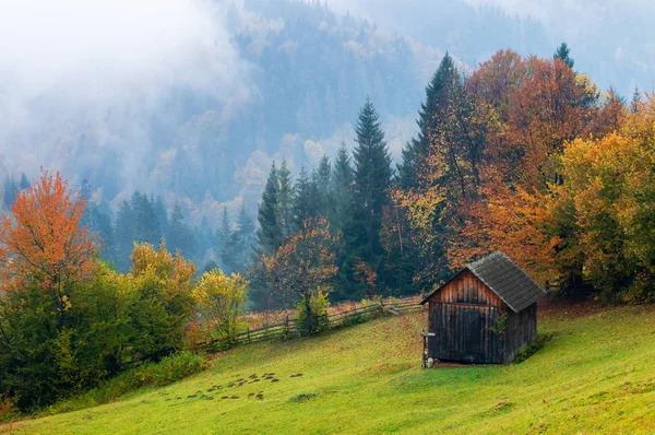 霧の秋の田園風景 山の牧草地で木造の小屋 — ストック写真