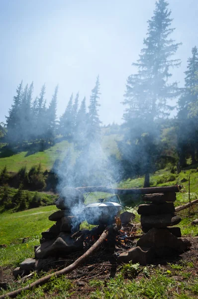 Preparation Food Cauldron Stake Tourist Camping — Stock Photo, Image