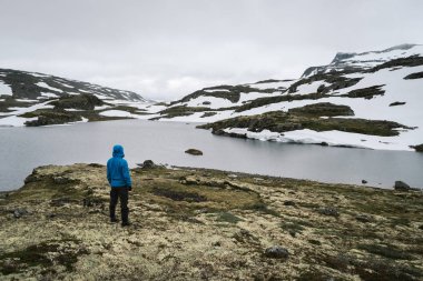 Norveç, Lake Flyvotni. Sogn og Fjordane ilçe yola yakın. Norveç turist yolu Aurlandsfjellet Aurlandsvangen Laerdalsoyri için çalışır. Gezgin sert Kuzey doğa görünüyor