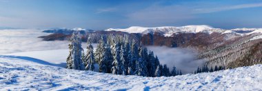 Kış manzara ile snowdrifts. Sabah dağlarda. Panoramik dağ silsilesi