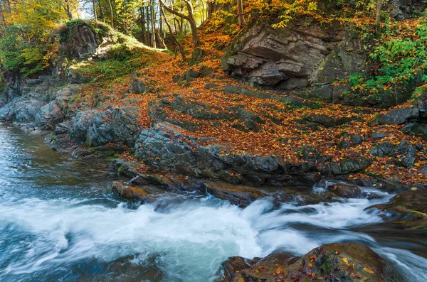 Gevallen Herfstbladeren Berg Rivier Met Een Cascade — Stockfoto