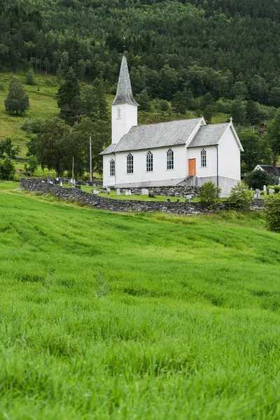 Nes Kyrkje Commune Luster Norway White Wooden Church Green Grass — Stock Photo, Image