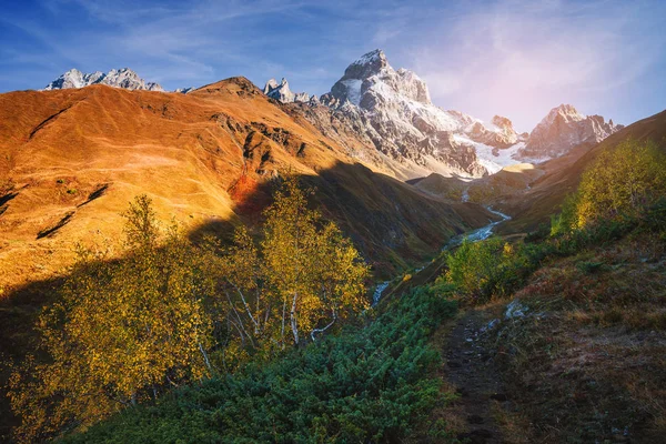 Paisaje Otoño Camino Las Montañas Monte Ushba Principal Cresta Caucásica — Foto de Stock