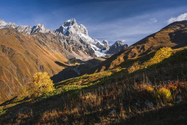 Autumn Landscape Path Mountains Mount Ushba Main Caucasian Ridge Zemo — Stock Photo, Image