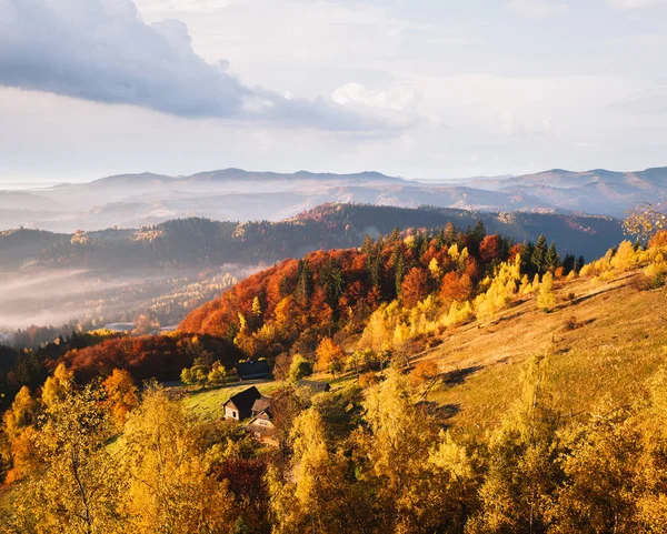 秋天的风景 山上有一座美丽的森林 山坡上五颜六色的树 村庄的看法 — 图库照片