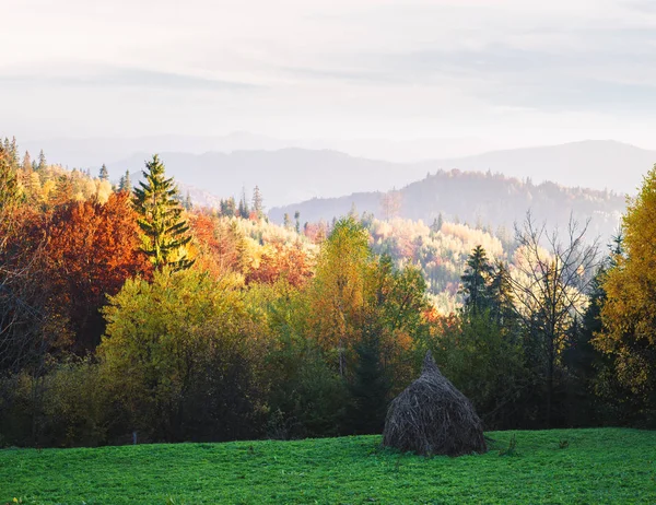 Herfst Landschap Met Een Hooiberg Weide Mooie Bladverliezende Wouden Heuvels — Stockfoto