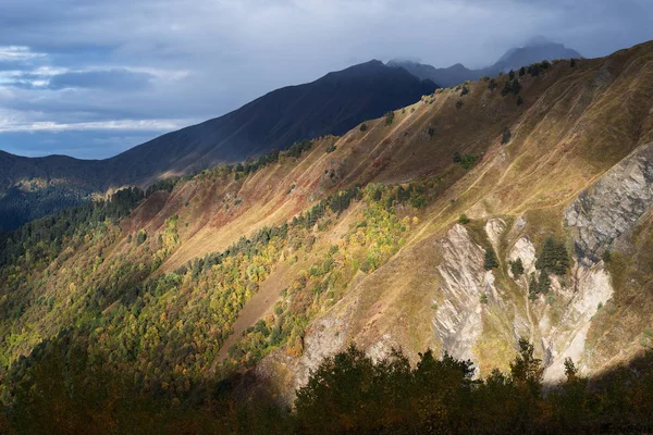 Inclinação Floresta Montanha Paisagem Outono Com Uma Bela Luz Nuvens — Fotografia de Stock