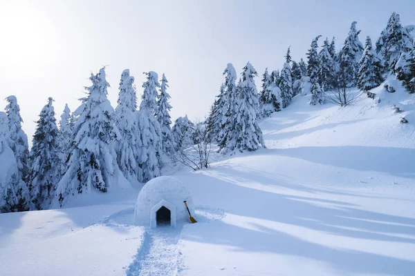 Paysage Avec Igloo Neige Extrême Maison Hiver Dans Montagne — Photo