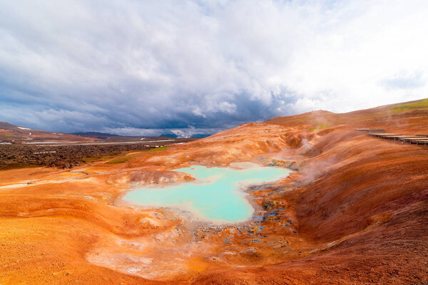 Sulfur springs at Leirhnjukur. Area Krafla volcano, Iceland. Awesome landscape on a sunny day