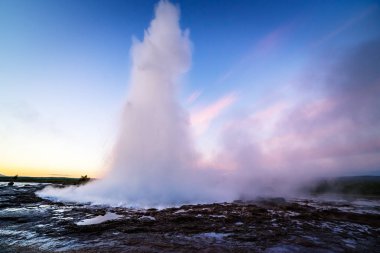 Strokkur şofben erüpsiyon. Altın daire İzlanda. Ünlü doğal ve turistik cazibe