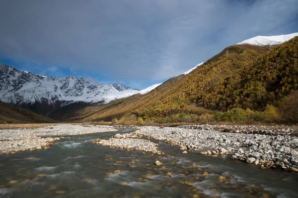 Zemo Svaneti Autumn Enguri River Shhara Mountain Georgia Landscape Main — Stock Photo, Image