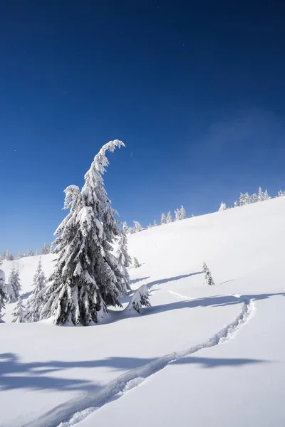 Piękny Zimowy Krajobraz Szlak Śniegu Słoneczna Pogoda Górach — Zdjęcie stockowe