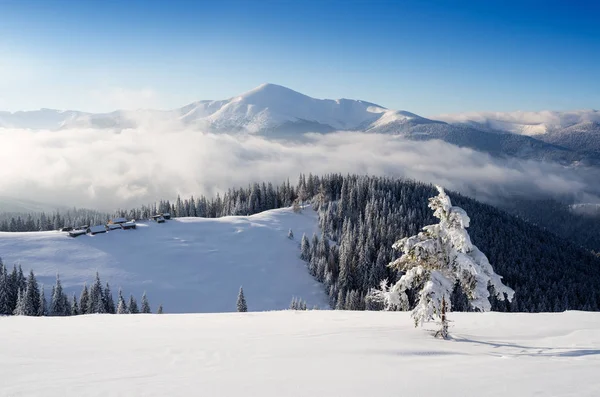 Berghütten Auf Einem Verschneiten Hügel Winterlandschaft Einem Sonnigen Tag — Stockfoto