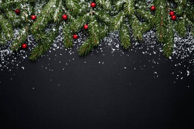 Mutlu Noeller ve mutlu yıllar. Metin için kopyalama alanı olan tatil arkaplanı. Karda köknar dalları ve kutsal meyvelerle süslenmiş. Düz yatış, üst görünüm