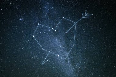 Sevgililer günü kavramı. Yıldızlı gökyüzü aşık takımyıldızı. Kalp ve aşk tanrısı ok