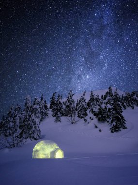 Gece kış harikalar. Igloo kar köknar ormandaki bir yıldızlı gökyüzü altında. Bir dağ kış yürüyüş içinde sığınak