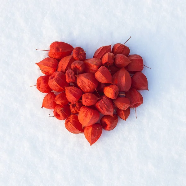 Valentinskarte Mit Rotem Herz Auf Weißem Schnee — Stockfoto
