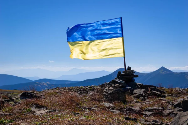 Ukrainsk flag på bjergtoppen - Stock-foto