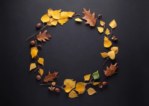 Podzimní rám s listím na černém pozadí — Stock fotografie