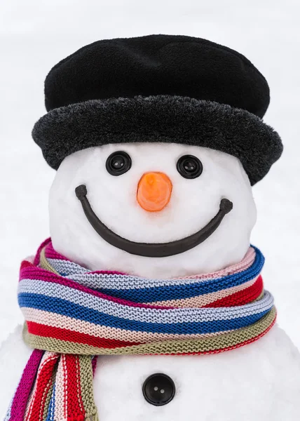 Πορτρέτο ενός χαριτωμένου χιονάνθρωπου με ένα ευγενικό χαμόγελο — Φωτογραφία Αρχείου