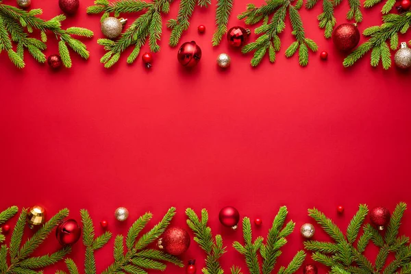 Feliz Navidad Feliz Año Nuevo Con Fondo Rojo Vista Superior — Foto de Stock