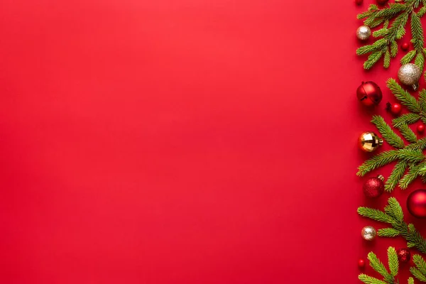 Karácsony Újév Piros Háttér Ünnepi Dekoráció Dekoratív Keret Másolási Hellyel — Stock Fotó