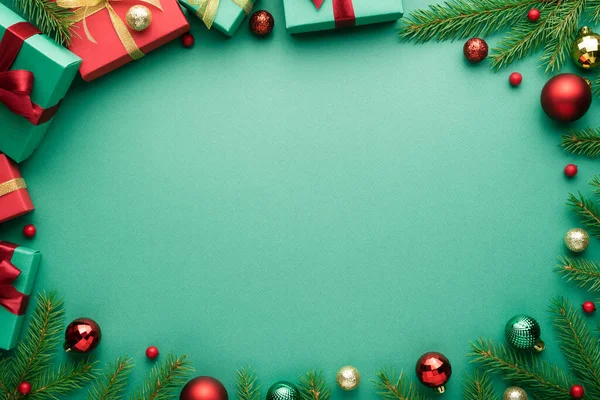 楕円形のフレームを持つターコイズクリスマスの背景 コピースペース付きの新年のバナー トップビュー フラットレイアウト — ストック写真