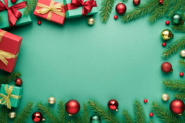 Vrolijk Kerstfeest Gelukkig Nieuwjaar Frame Turquoise Achtergrond Bovenaanzicht Vlak Met — Stockfoto