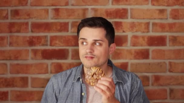 Portrait Man Diet Eating Glazed Donut — Stock Video