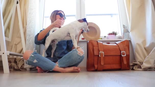 Woman Sitting Floor Dog Joking — Stock Video