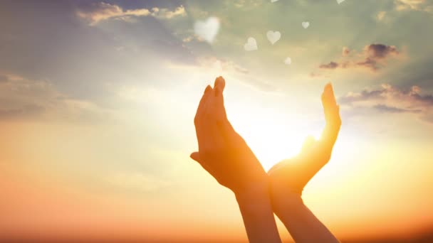 Mãos segurando o sol com corações ao redor — Vídeo de Stock