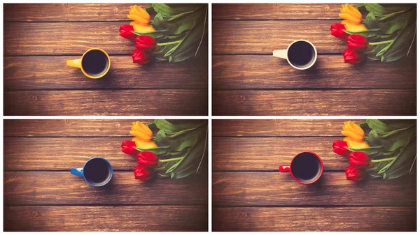 Four images with tulips bouquet and cup of coffee — Stock Photo, Image