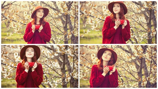 Mädchen trinkt Tee in einem blühenden Garten — Stockfoto