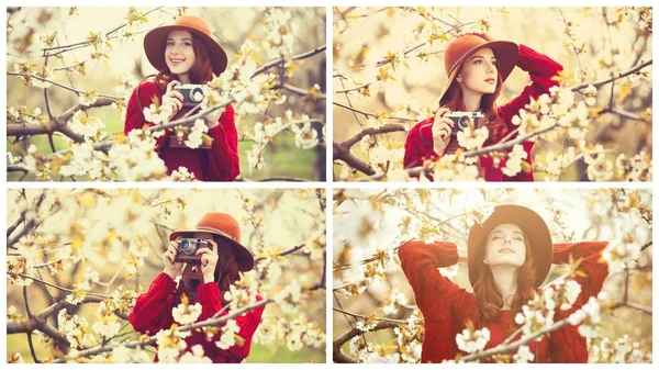 Jeune fille avec caméra dans le jardin fleuri — Photo
