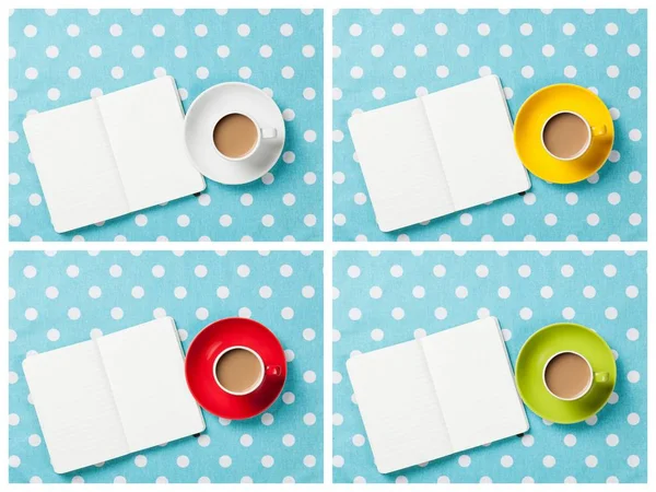 Taza con cuaderno de café y oficina — Foto de Stock