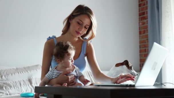 Mujer de negocios con un niño que trabaja con la computadora — Vídeos de Stock