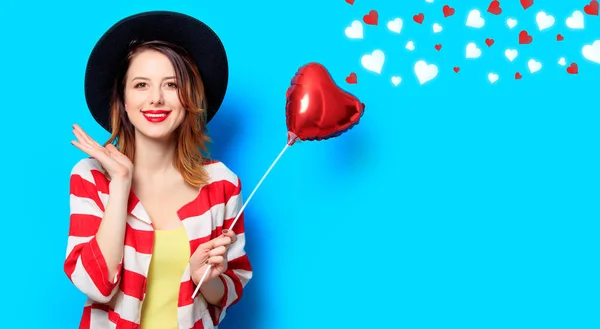 Portrait Young Smiling Red Haired White European Woman Hat Red — Stock Photo, Image