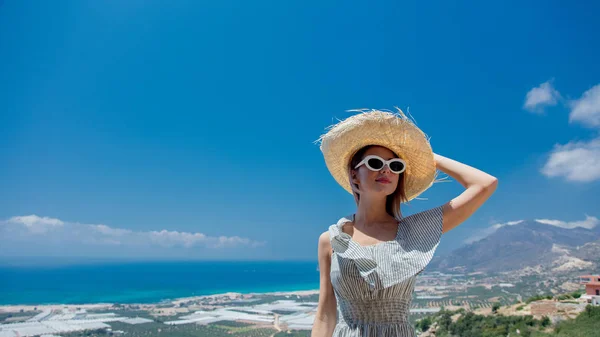 Young Woman White Dress Hat Posing Olive Garden Sea Coast — Stock Photo, Image