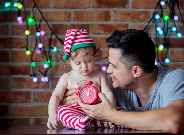 Beautiful Little Baby Boy Elf Hat Father Alarm Clock Fairy — Stock Photo, Image