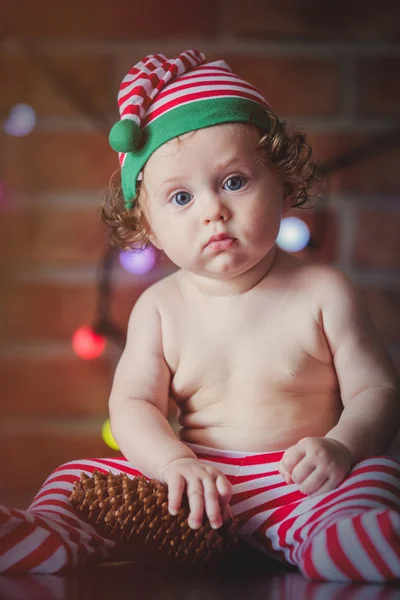 Little Baby Boy Elf Hat Fairy Lights Background Christmas Time — Stock Photo, Image