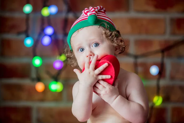 Beautiful Little Baby Boy Elf Hat Gift Box Fairy Lights — Stock Photo, Image