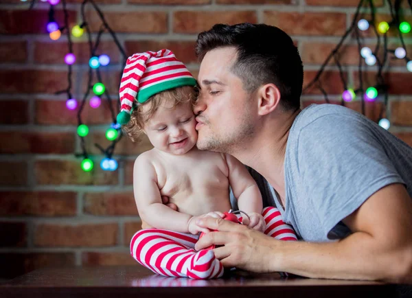 Beautiful Little Baby Boy Elf Hat Father Alarm Clock Fairy — Stock Photo, Image