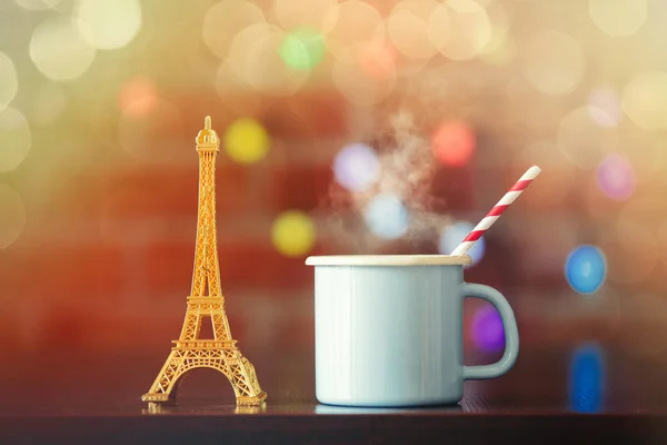 Hot Cup Coffee Golden Eiffel Tower Souvenir Fairy Lights Background — Stock Photo, Image
