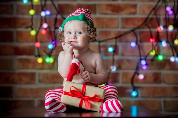 Beautiful Little Baby Boy Elf Hat Fairy Lights Background Christmas — Stock Photo, Image