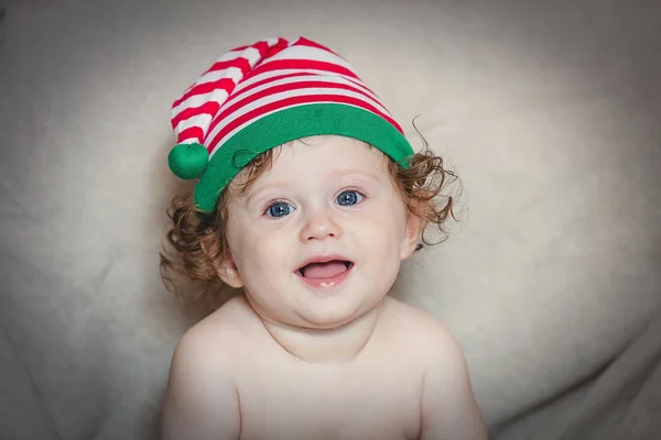 Little Smily Baby Boy Elf Hat Grey Background Christmas Season — Stock Photo, Image