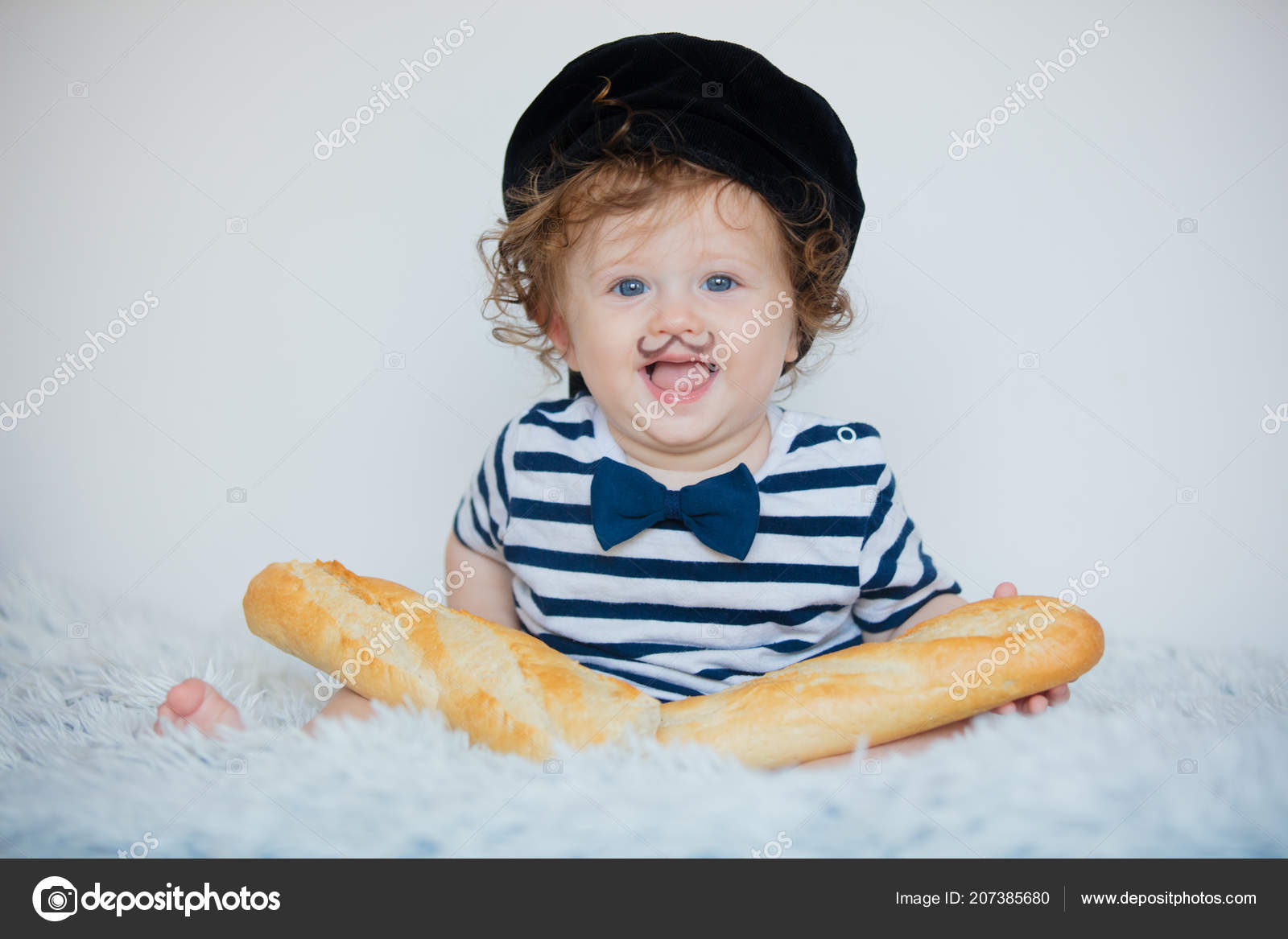 Little Baby Mustache Beret Baguette White Background Royalty Free Photo Stock Image By C Massonforstock